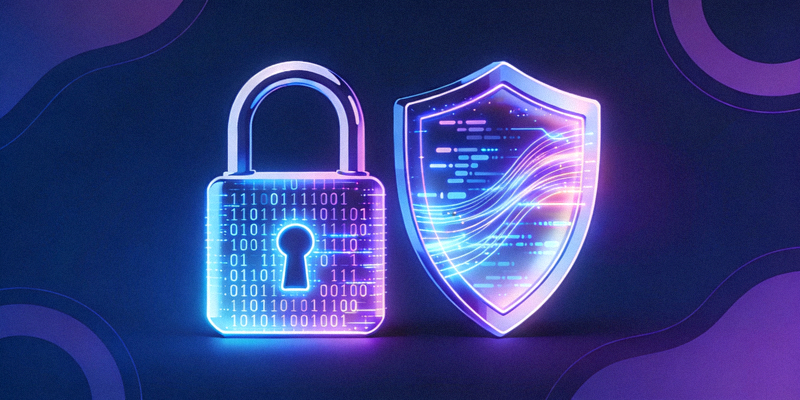 Ilustrasi gembok dan perisai digital simbol keamanan data dan privasi online